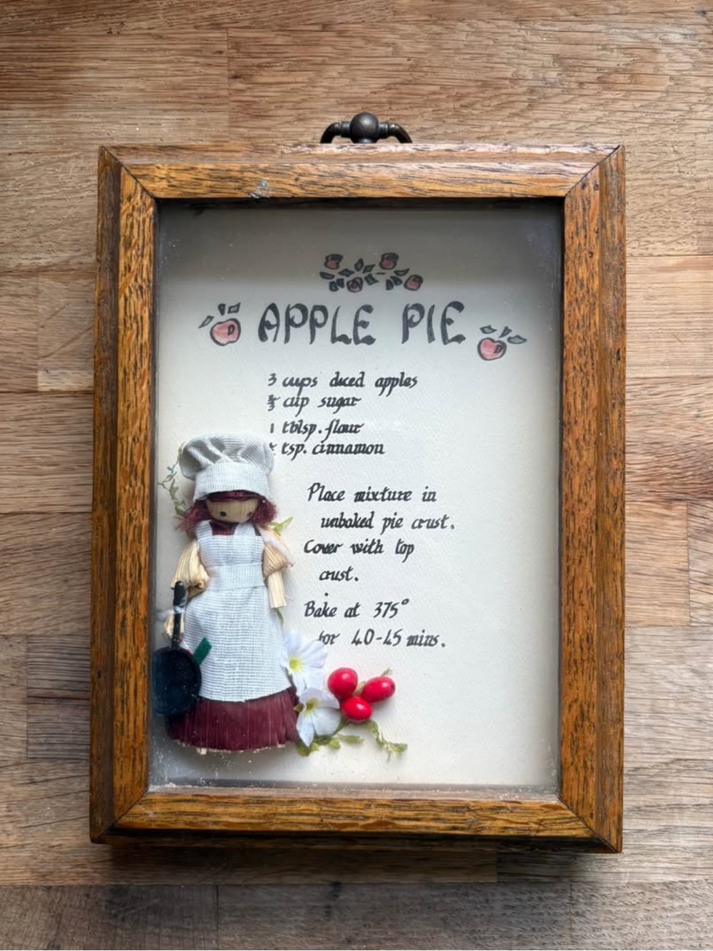 Vintage 3D Shadow Box Kitchen Wall Decor - Apple Pie Recipe & Corn Husk Doll Art